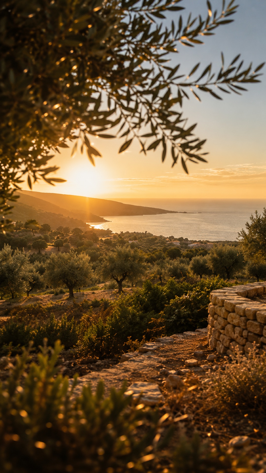 Olive grove over the Mediterranean at golden hour